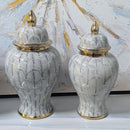 Monochrome Royal Ginger Jar Set with gold detailing, featuring large and small ceramic jars in black and white pattern, ideal for home decor.