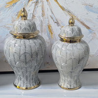 Monochrome Royal Ginger Jar Set with gold detailing, featuring large and small ceramic jars in black and white pattern, ideal for home decor.