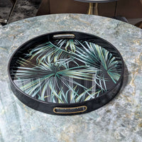 Modern Tropical Leaf Serving Tray with Gold Handles, featuring elegant green palm design on glass base, ideal for stylish decor.