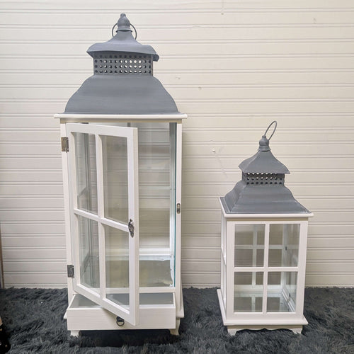 Tall Rustic Wood & Metal Lantern Set with open hinged door, showcasing farmhouse design with distressed wood and refined metal accents.