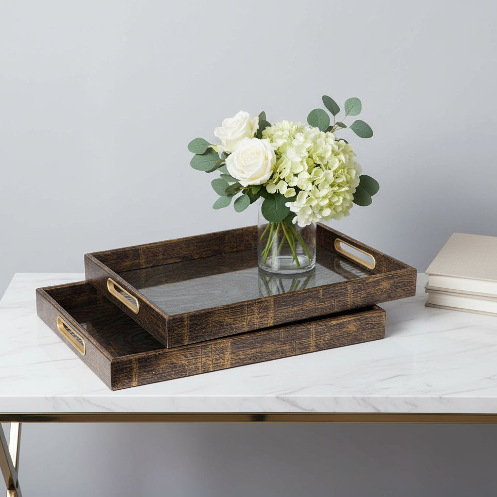 Elegant Serving Tray Duo with Spiral Design and Brass Handles