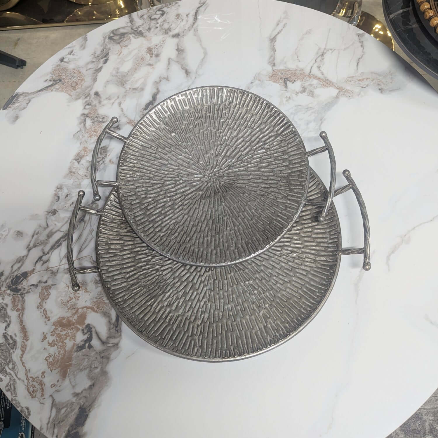 Textured Silver Metal Round Serving Trays