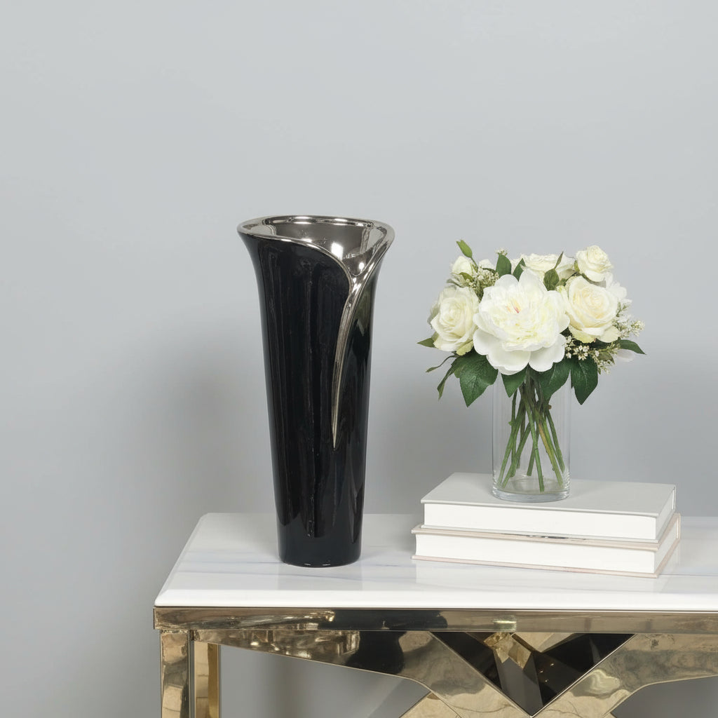 Tall Dark Brown & Silver Ceramic Vase