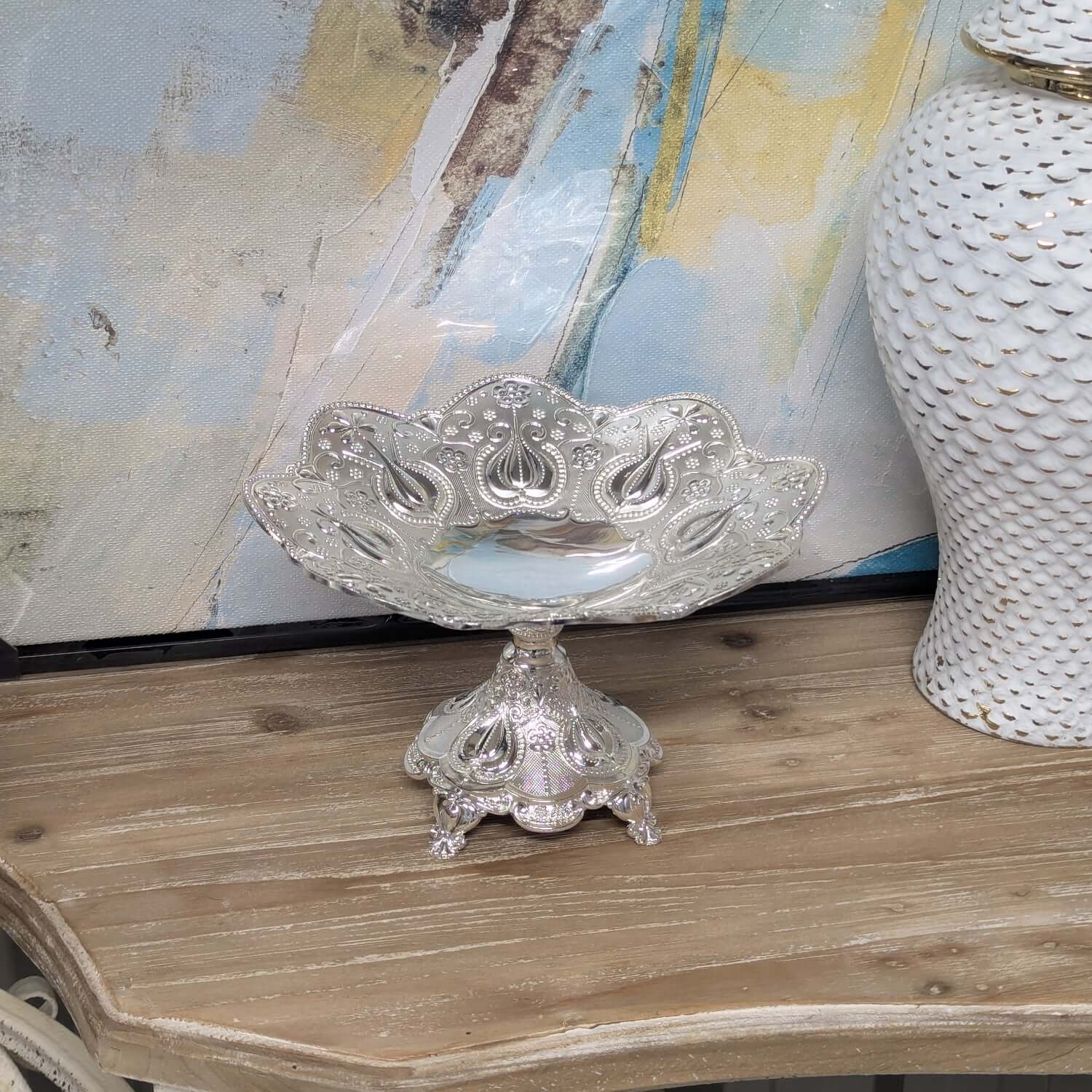 Silver Embossed Metal Decorative Pedestal Centerpiece