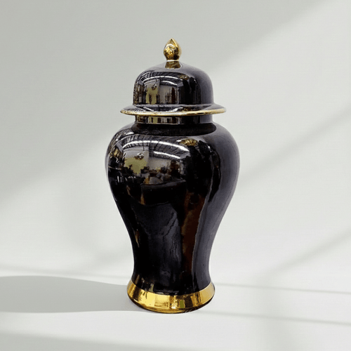 Pagoda Inspired Black Gold Ceramic Jar