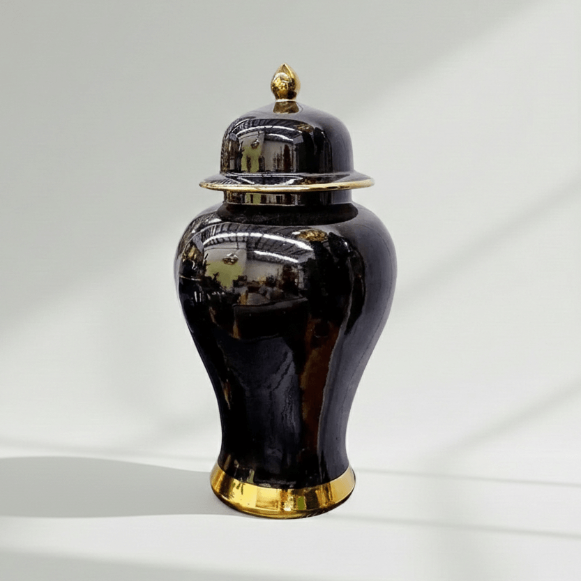 Pagoda Inspired Black Gold Ceramic Jar