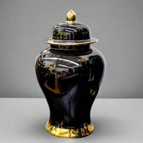 Pagoda Inspired Black Gold Ceramic Jar