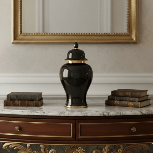 Pagoda Inspired Black Gold Ceramic Jar