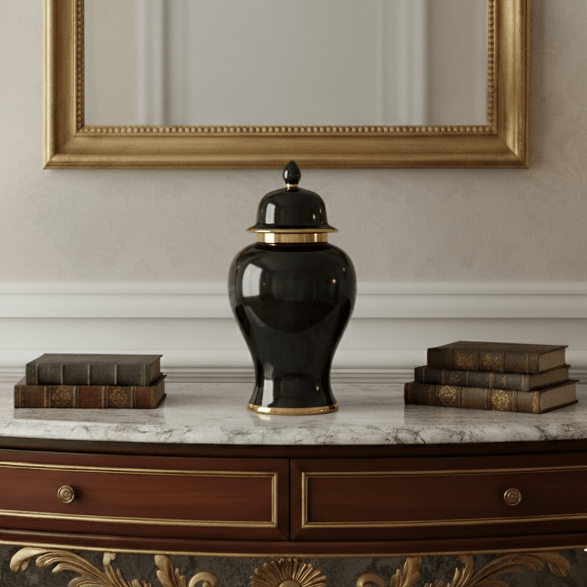 Pagoda Inspired Black Gold Ceramic Jar