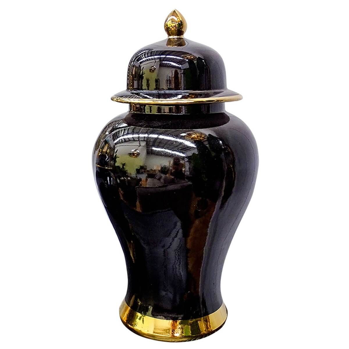 Pagoda Inspired Black Gold Ceramic Jar