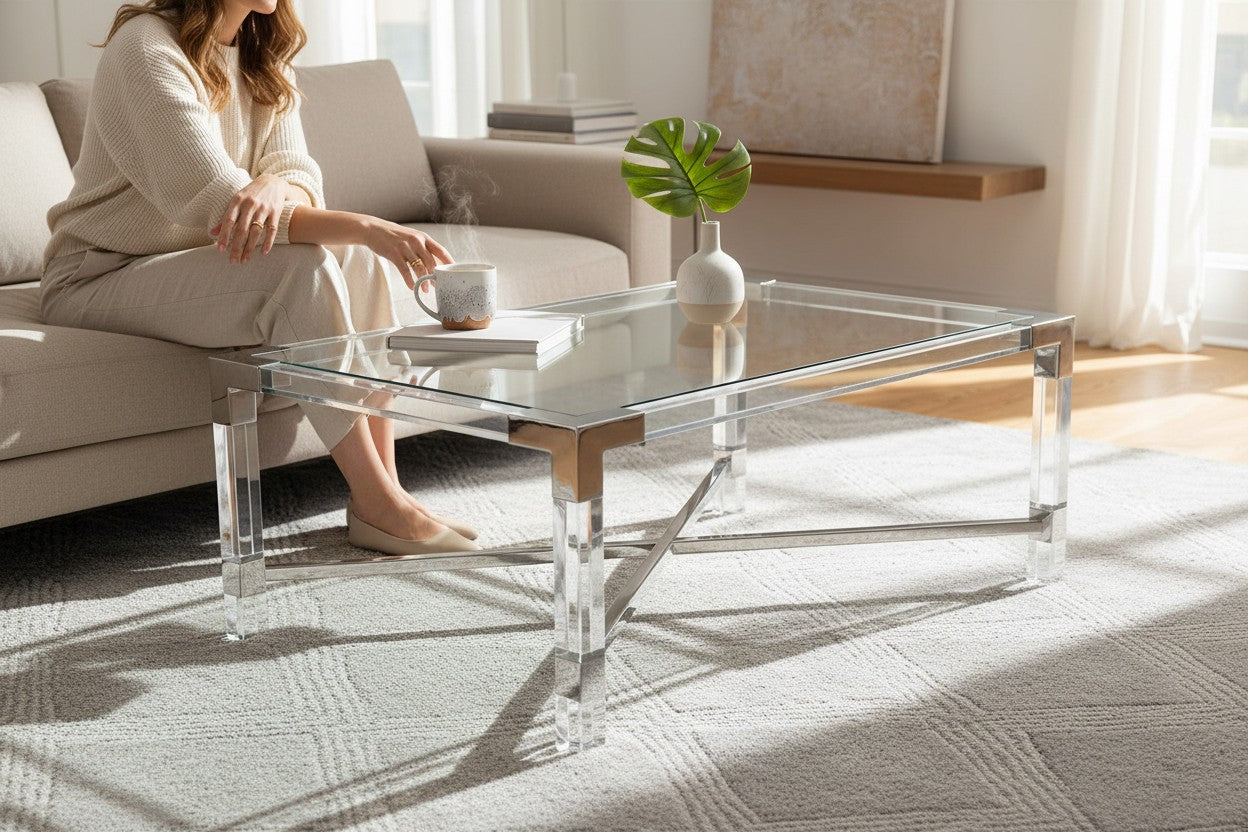 Minimalist Clear Acrylic Coffee Table - Chrome