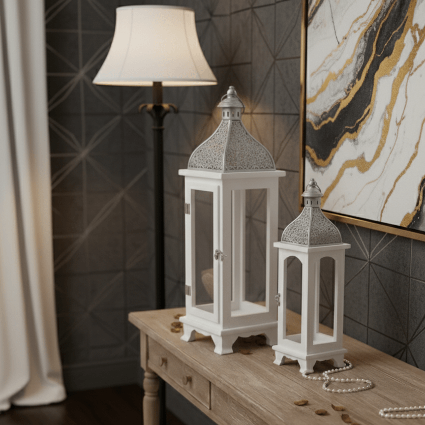 Provincial White & Silver Lantern Set