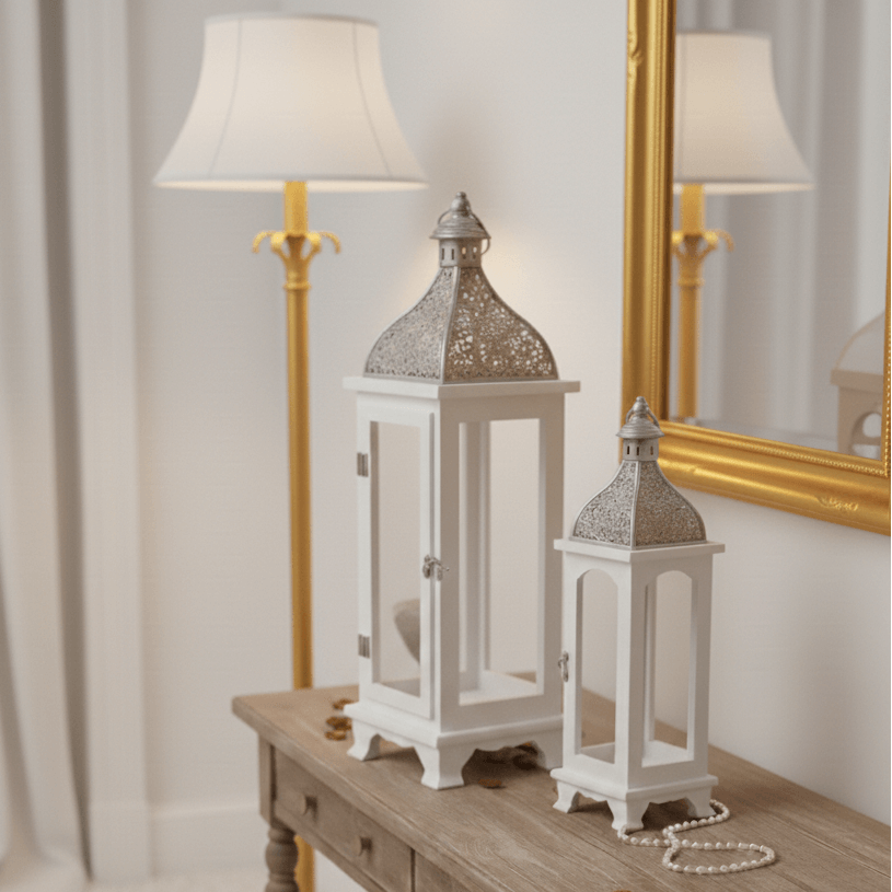 Provincial White & Silver Lantern Set