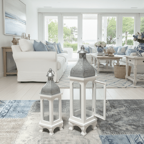 French Provincial White and Silver Lantern Set
