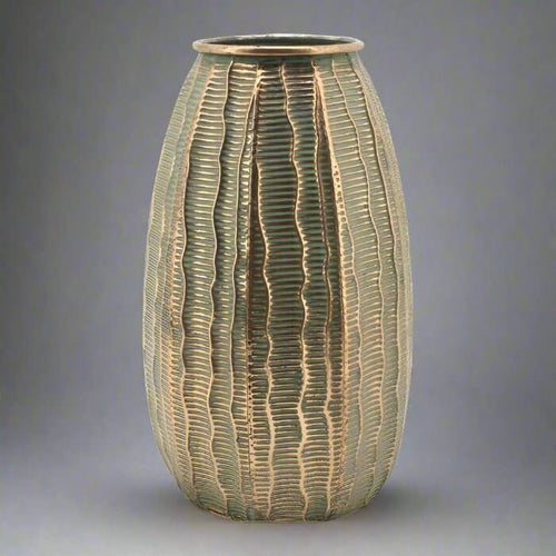 Round Steep Textured Gold Metal Urn Vase