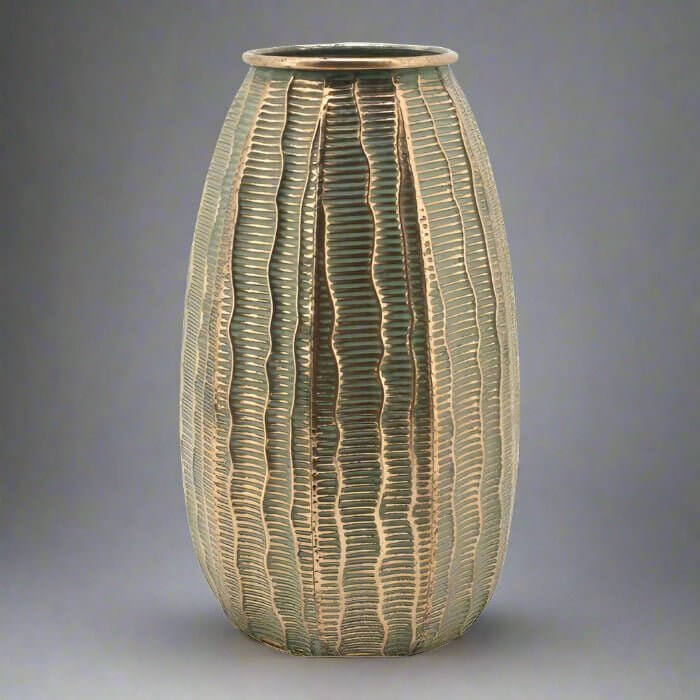 Round Steep Textured Gold Metal Urn Vase
