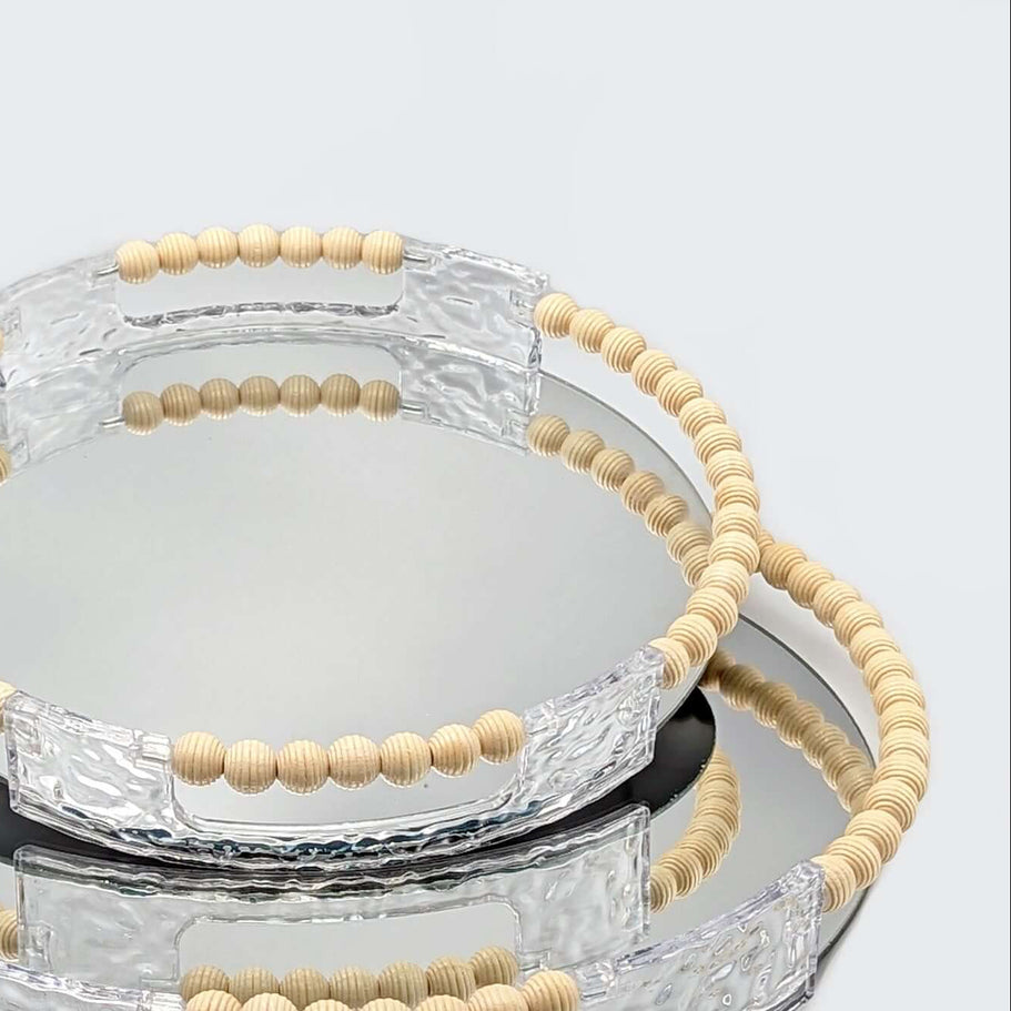 Round Wood Framed Mirror Vanity Tray Set