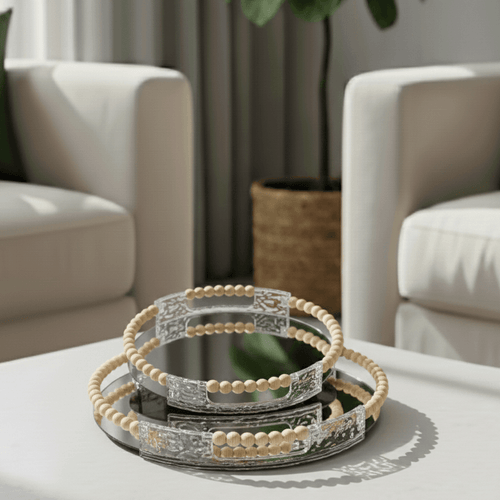 Round Wood Framed Mirror Vanity Tray Set