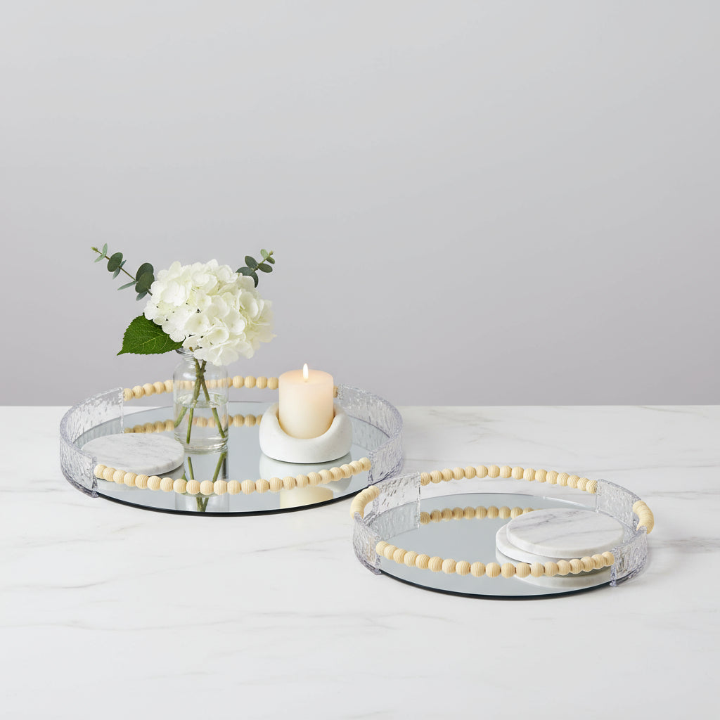Round Wood Framed Mirror Vanity Tray Set