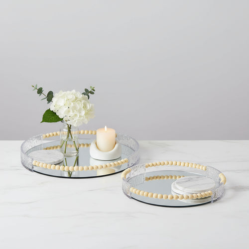 Round Wood Framed Mirror Vanity Tray Set