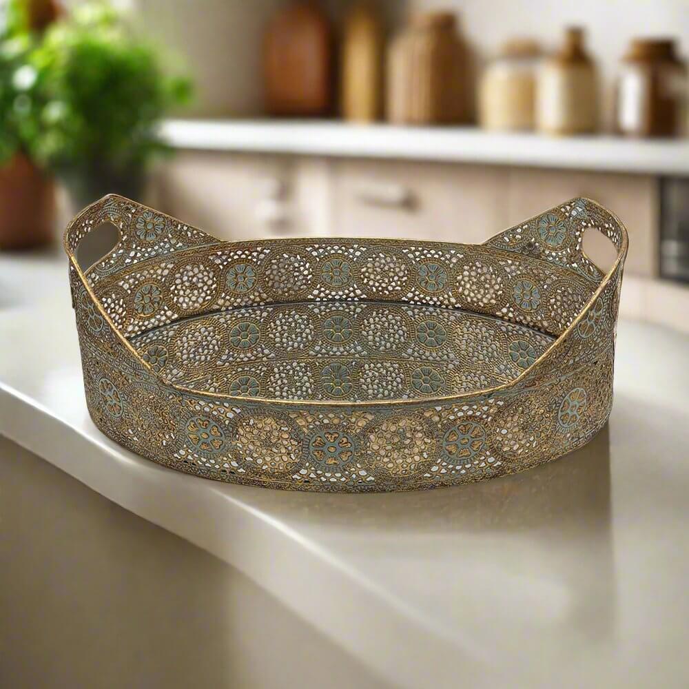 Rustic Gold Oval Mirrored Perfume Tray