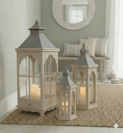 Rustic Wood Lantern Set Metal Accent
