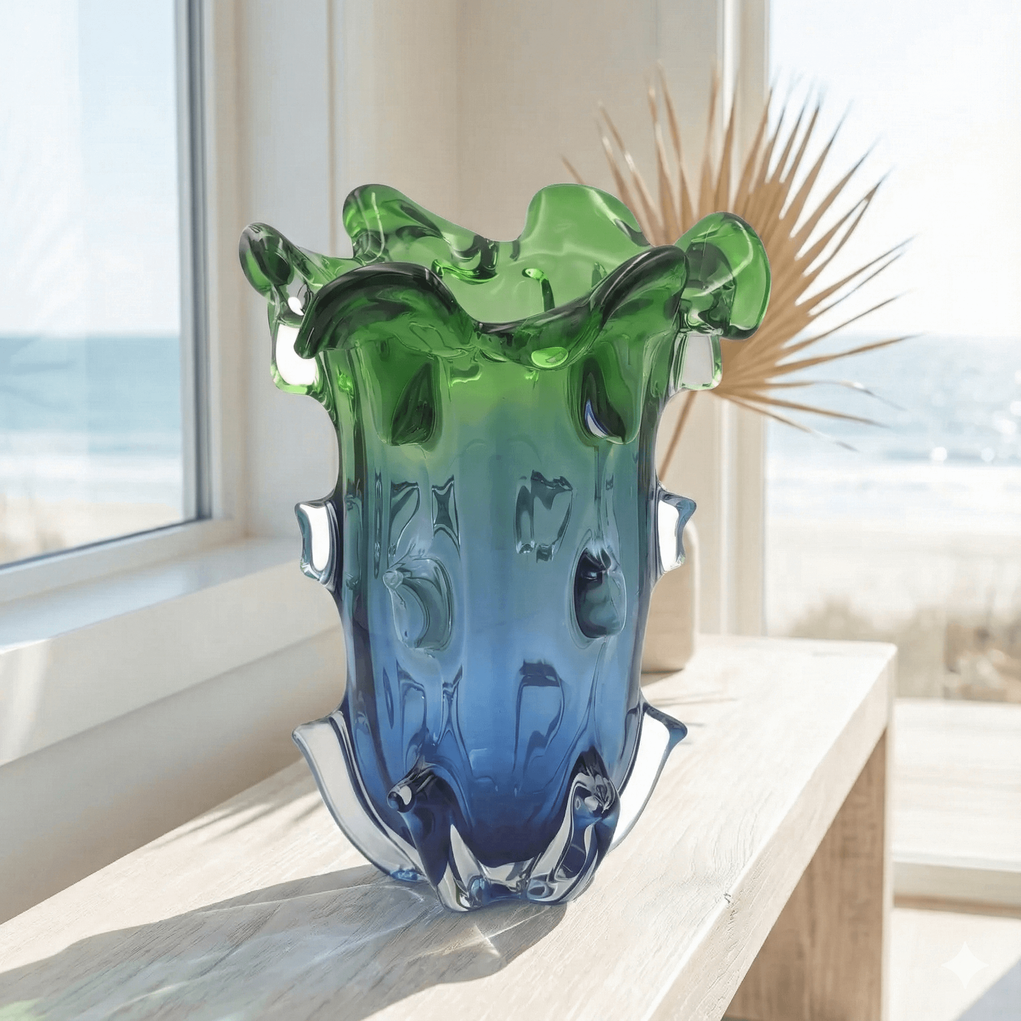 Sculptural Green & Blue Art Glass Vase