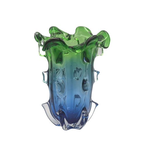 Sculptural Green & Blue Art Glass Vase
