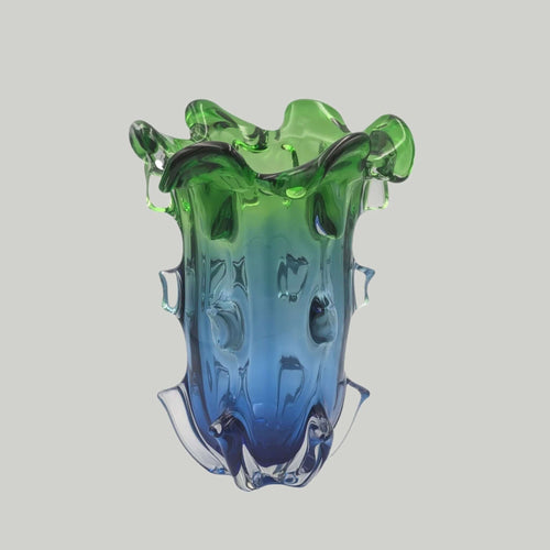 Sculptural Green & Blue Art Glass Vase