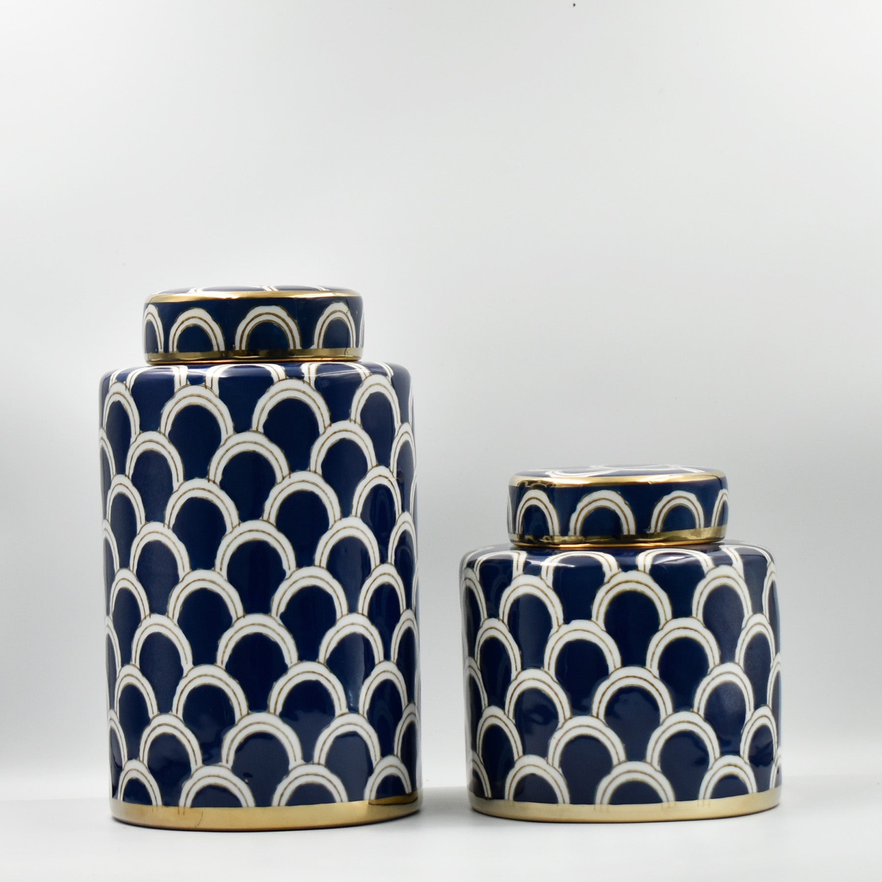 Azurean Scallop: Luxury Navy & Gold Ceramic Jar Set (2pc)