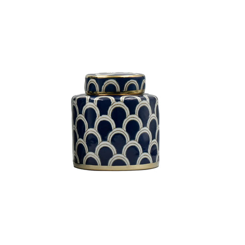 Coastal Navy Gold Scallop Jar Set featuring elegant scallop pattern on a navy and gold ceramic ginger jar.