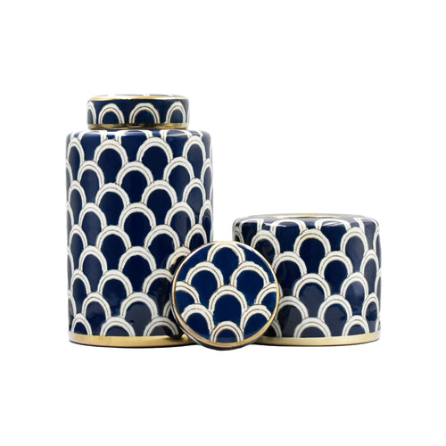 Coastal Navy Gold Scallop Jar Set with intricate navy, white, and gold scallop patterns, perfect for luxury coastal-inspired decor.