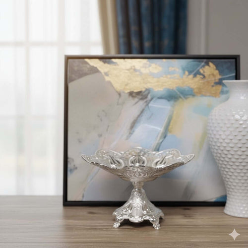 Silver Embossed Metal Decorative Pedestal Bowl