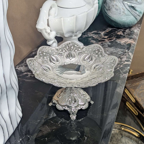Silver Embossed Metal Decorative Pedestal Bowl