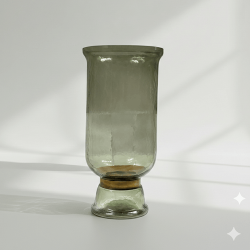 Smoked Sage Glass Hurricane Vase with Brass Detail