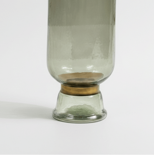 Smoked Sage Glass Hurricane Vase with Brass Detail