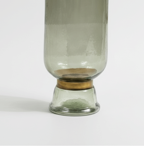 Smoked Sage Glass Hurricane Vase with Brass Detail