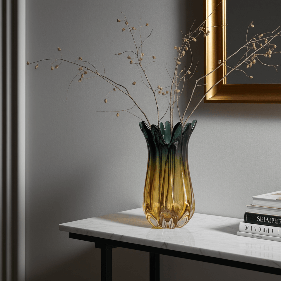 Striking Charcoal Yellow Art Glass Vase