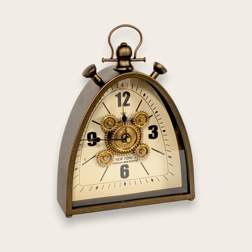 Antique Moving Gear Triangular Table Clock - 32.5cm