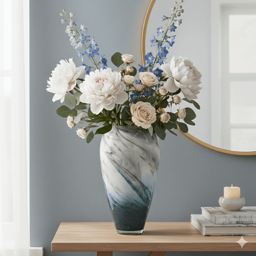 Tall Marble Glass Vase Green Blue Gold 38cm