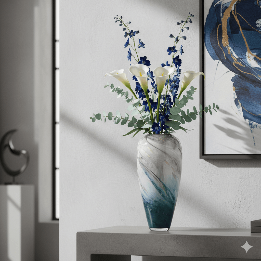 Tall Marble Glass Vase Green Blue Gold 38cm