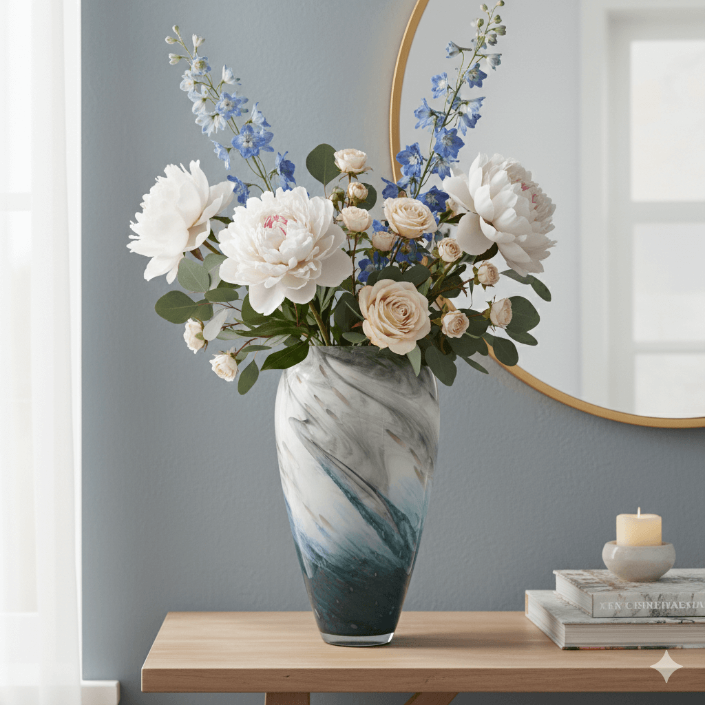 Tall Marble Glass Vase Green Blue Gold 38cm