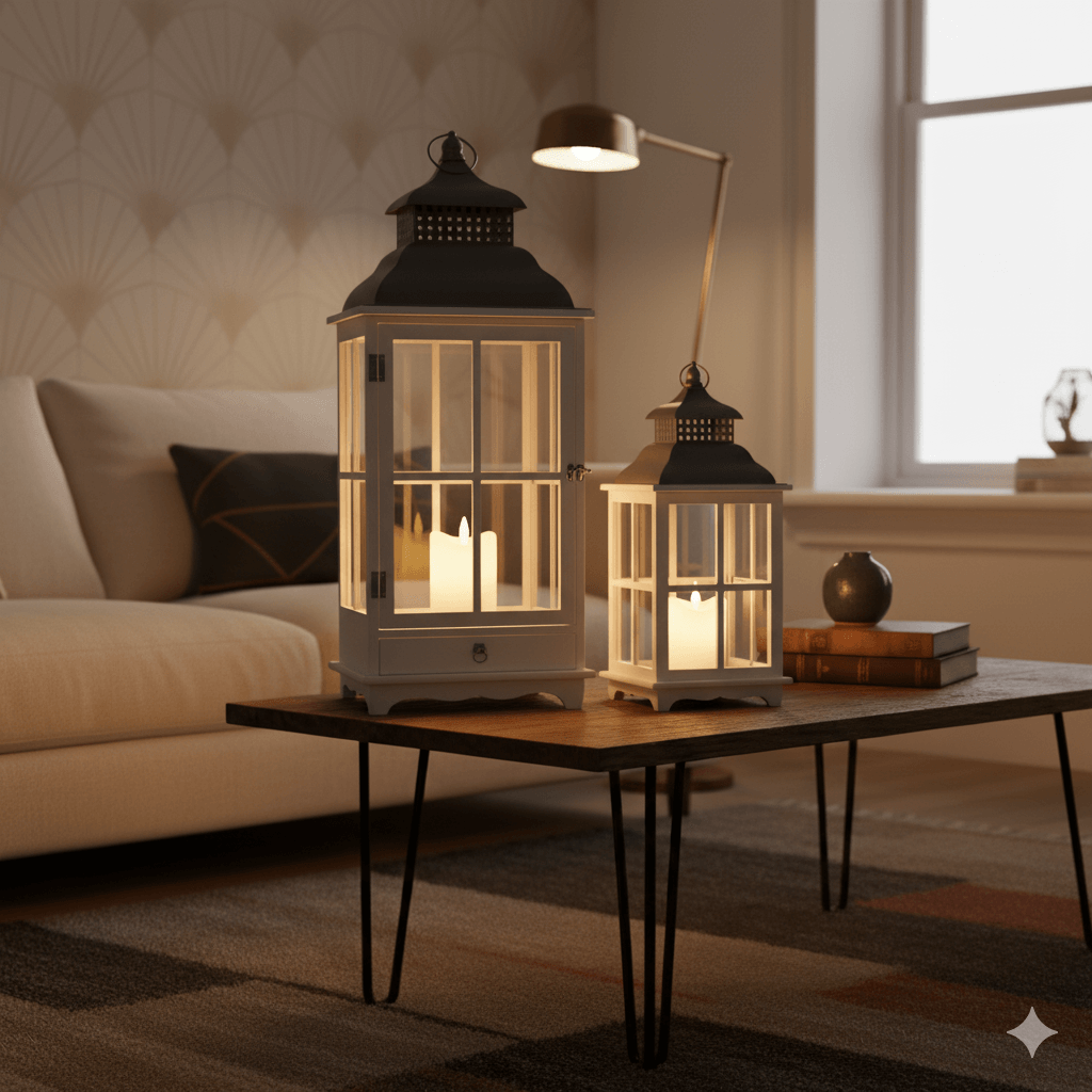 Tall Rustic Wood & Metal Lantern Set