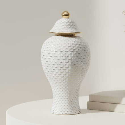 Tall White Ceramic Textured Gold Lid Jar
