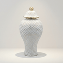 Tall White Ceramic Textured Gold Lid Jar