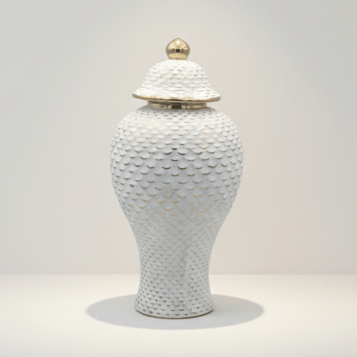 Tall White Ceramic Textured Gold Lid Jar