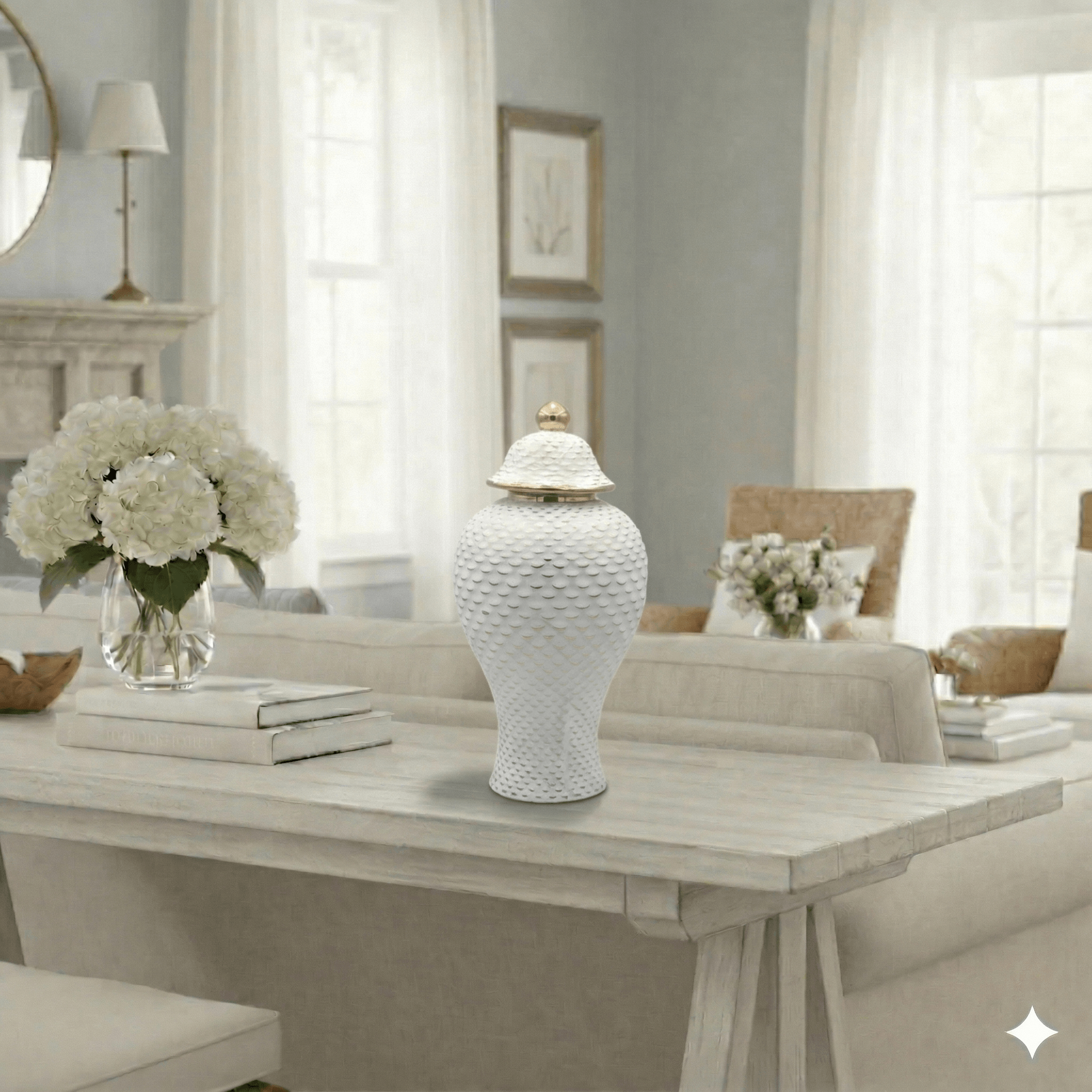 Tall White Ceramic Textured Gold Lid Jar