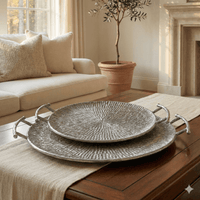 Textured Silver Metal Round Serving Trays - Set of 2