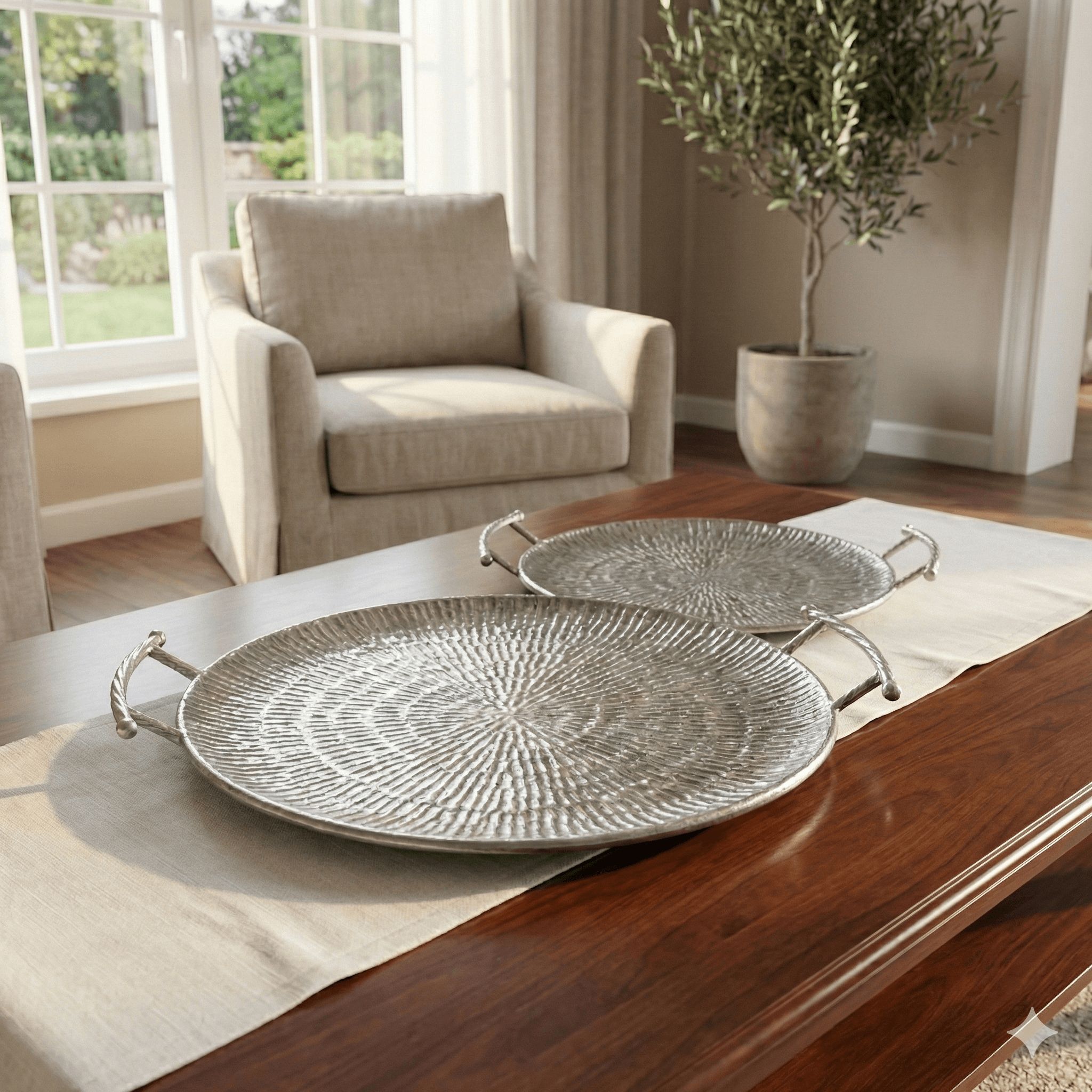 Textured Silver Metal Round Serving Trays - Set of 2