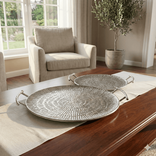 Textured Silver Metal Round Serving Trays - Set of 2